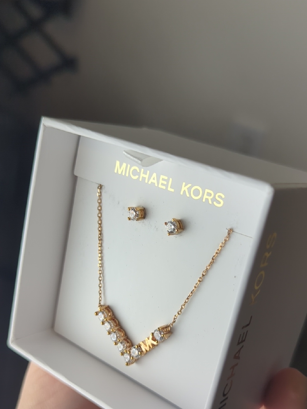 Michael Kors Rose Gold Necklace & Earrings Set  Crystal MK Pendant Jewelry - Picture 6 of 9